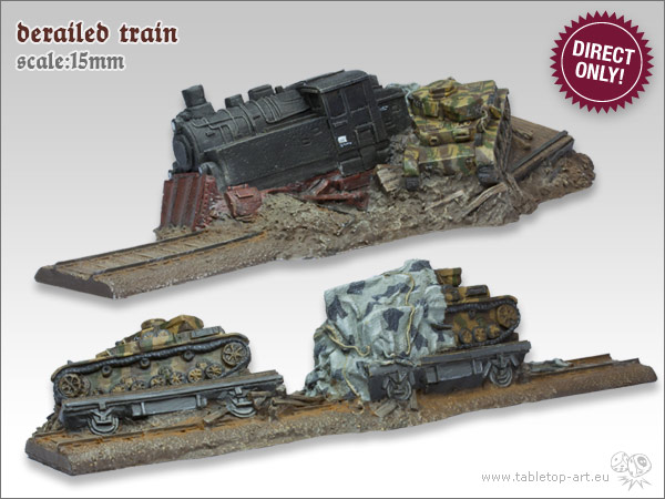 NOW AVAILABLE – DERAILED TRAIN AND RAILS (15mm terrain)