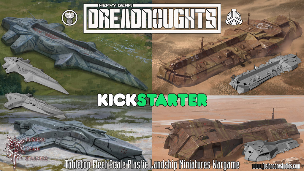 Heavy Gear: Dreadnoughts Kickstarter. Picture of four landships and corresponding 3D models