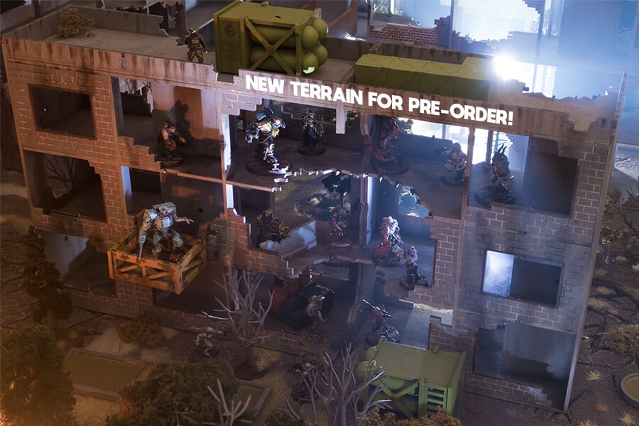 Modern Ruins MDF Terrain for Pre order - night time battle scene with necromunda miniatures.