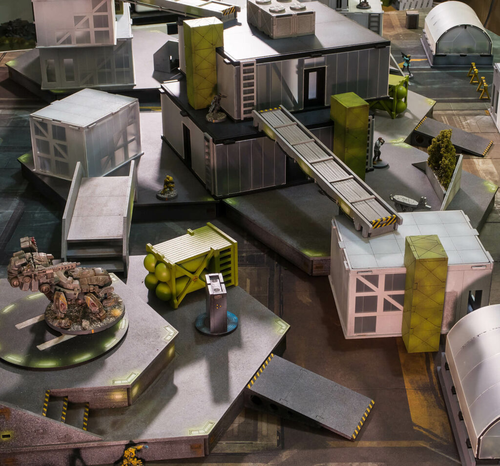 Infinity Sci-fi wargaming terrain - model buildings and magharabia guard TAG